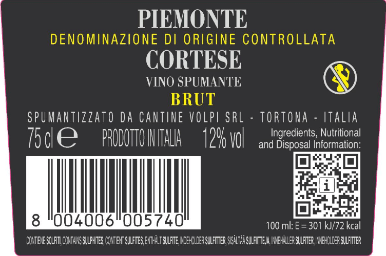 RETRO VOLPI PIEMONTE DOC CORTESE SPUMANTE BRUT 750 ML.